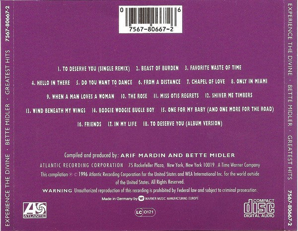 Bette Midler – Experience The Divine Hits (18 Tracks) - USED CD