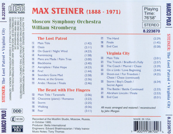 USED CD - Max Steiner – The Lost Patrol - Virginia City - The Beast With Five Fingers