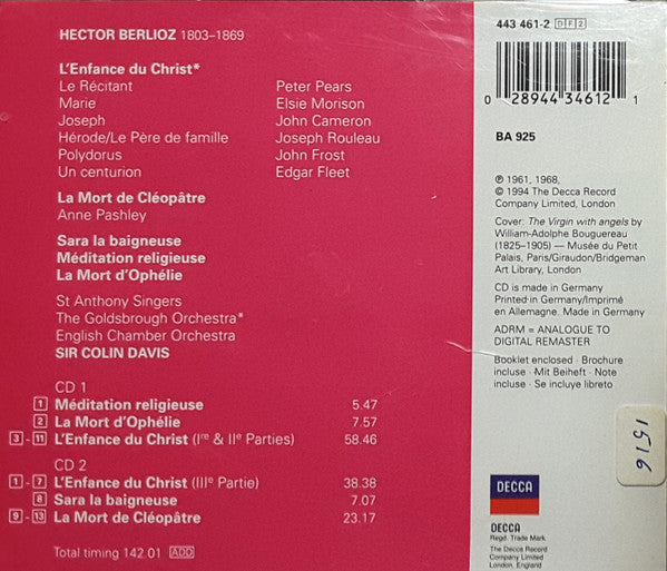 USED 2CD - Hector Berlioz - Morison · Pears · Cameron · Rouleau, Sir Colin Davis – L'Enfance Du Christ · Méditation Religeuse · La Mort D'Ophélie · Sara La Baigneuse · La Mort De Cléopâtre