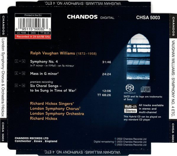 USED SACD - Vaughan Williams, Richard Hickox Singers, London Symphony Chorus, London Symphony Orchestra, Richard Hickox – Symphony No. 4 - Mass In G minor - Six Choral Songs