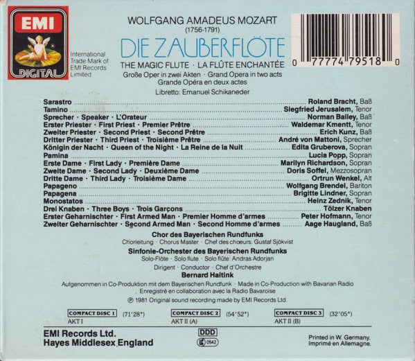 USED 3CD - Mozart, Popp, Gruberova, Lindner, Jerusalem, Brendel, Bracht, Bailey, Zednik, Chor Des Bayerischen Rundfunks, Sinfonie-Orchester Des Bayerischen Rundfunks, Bernard Haitink – Die Zauberflöte