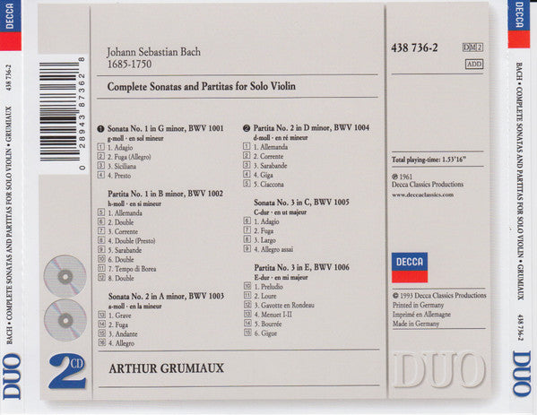 USED 2CD - Bach - Arthur Grumiaux – Complete Sonatas And Partitas For Solo Violin