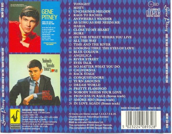 USED CD - Gene Pitney – Sings The Great Songs Of Our Times / Nobody Needs Your Love