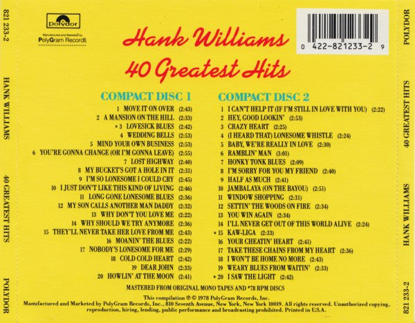 USED 2CD - Hank Williams – 40 Greatest Hits