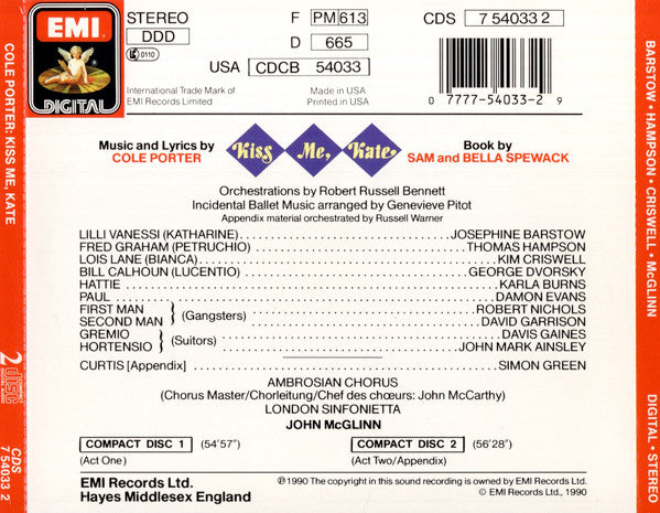 USED 2CD - Cole Porter, Sam & Bella Spewack - Josephine Barstow · Thomas Hampson · Kim Criswell · George Dvorsky · Karla Burns · Damon Evans · Robert Nichols · David Garrison · John McGlinn · Ambrosian Chorus · London Sinfonietta – Kiss Me, Kate