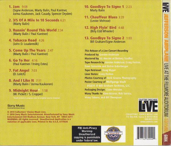 USED CD - Jefferson Airplane – Live At The Fillmore Auditorium 10/15/66 (Late Show - Signe's Farewell)