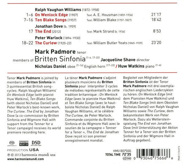 USED SACD - Ralph Vaughan Williams / Jonathan Dove / Peter Warlock - Mark Padmore, Nicholas Daniel, Britten Sinfonia – Ten Blake Songs / On Wenlock Edge / The End / The Curlew