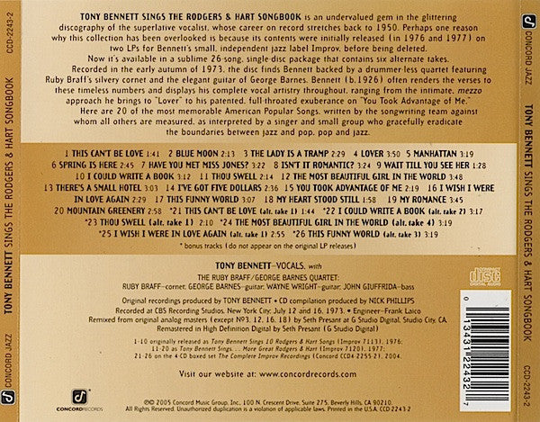 USED CD - Tony Bennett – Tony Bennett Sings The Rodgers & Hart Songbook