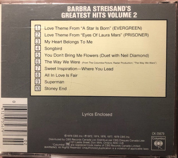 USED CD - Barbra Streisand – Barbra Streisand's Greatest Hits - Volume 2