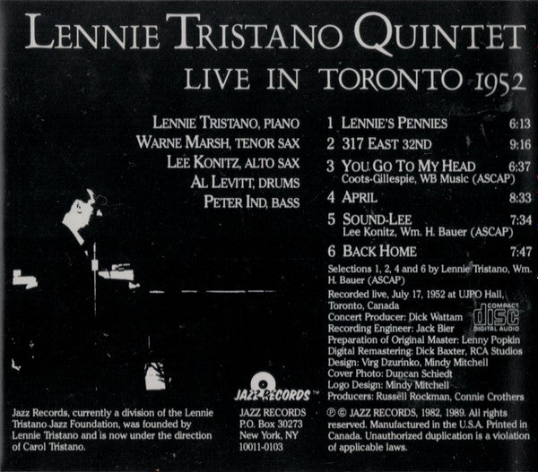 USED CD - Lennie Tristano Quintet Featuring Warne Marsh And Lee Konitz – Live In Toronto 1952