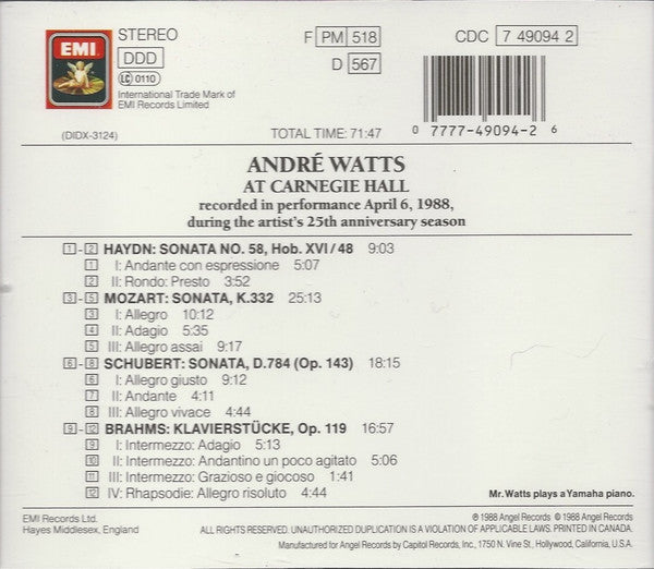 USED CD - André Watts - Haydn, Mozart, Schubert, Brahms– At Carnegie Hall, 25th Anniversary Recital