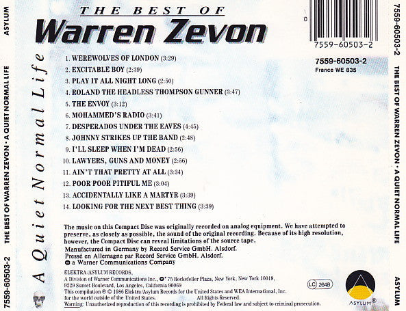 USED CD - Warren Zevon – A Quiet Normal Life: The Best Of Warren Zevon